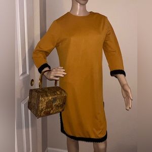 Stunning Vintage Mustard Yellow mod dress with side slits and black trim